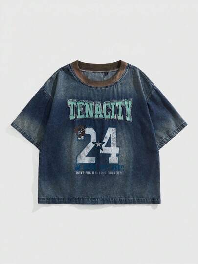 Prep Camisa vaquera casual de verano para hombres con bordado de letras