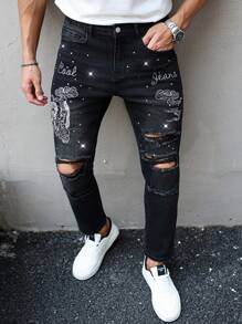 Manfinity LEGND Men's Fashion Street Style Embroidered Rhinestone Distressed Black Slim Fit Denim Jeans Men Rhinestone Jeans Men Graphic Jeans