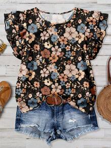 SHEIN Clasi 大码女装日常休闲优雅花卉印花圆领双层小盖袖宽松衬衫，女士夏装，女士度假服装，女士夏装，女士外出上衣 - 彩色 - 查看 1