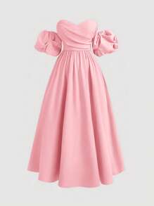 SHEIN MOD 大码女式长款甜心领云袖下摆连衣裙、舞会礼服 - 粉色 - 查看 1