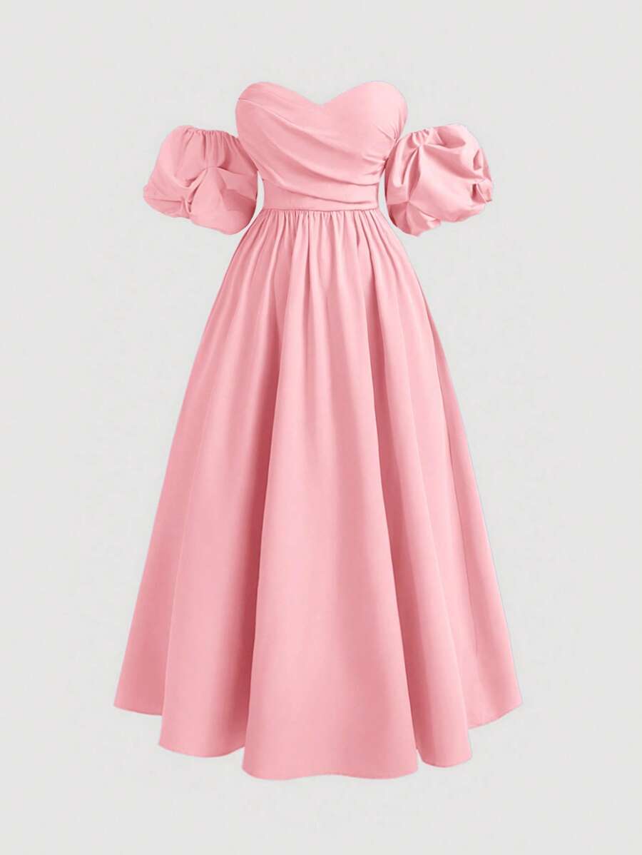 SHEIN MOD 大码女式长款甜心领云袖下摆连衣裙、舞会礼服 - 粉色 - 查看 1