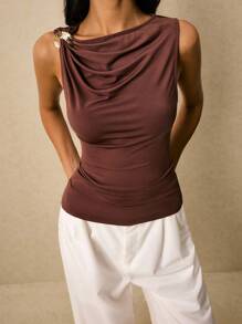 Poéselle 女式夏季无袖金属装饰圆领时尚上衣 - 棕色 - 查看 1