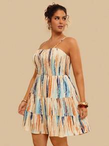 SHEIN VCAY Váy hai dây boho họa tiết cọ xếp nếp cỡ lớn, dành cho mùa hè - Nhiều màu - Xem 4