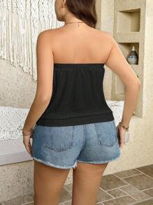 SHEIN LUNE Plus Size Women Solid Color Tube Top Casual Sleeveless Shirt For Summer Black Strapless Top Black Tube Top Strapless Tops For Women Black Eyelet Top