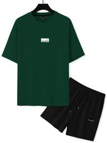 Manfinity Homme Áo thun nam rộng rãi, quần short lưng thun co giãn, hai mảnh, đơn giản, không khí mùa xuân và mùa hè, 100 màu tương phản, thiết kế nhãn nhỏ, điểm nhấn - Nhiều màu - Xem 3