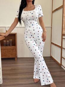 SHEIN Women Heart Print Square Neck Tight Fitted Top And Bell-Bottom Pajamas Set, Casual Sleepwear Heart Pajama Set Cute Lounge Set Womens Lounge Sets 2 Piece Pajama Set Women Womens Heart Pajamas Print