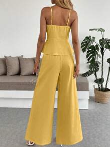 EMERY ROSE 2pcs Linen Solid Color Camisole & Wide Leg Pants Set - Yellow - View 2
