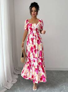 Elenzga Vestido de mujer con estampado floral, mangas abullonadas, cuello cuadrado y cintura definida - Multicolor - Ver 3