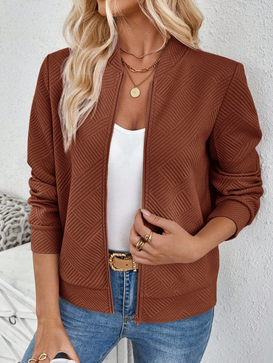 SHEIN LUNE 时尚休闲卡其色针织提花外套，适合秋冬通勤 - 棕色 - 查看 1