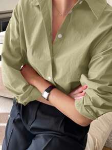 DAZY Áo sơ mi rộng rãi đơn hàng ngày tay dài màu trơn dành cho nữ - màu xanh lá - Xem 4