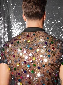 Semi-Sheer Sexy Collared Short Sleeve Sequin Fabric Shirt For Men - Black - View 5
