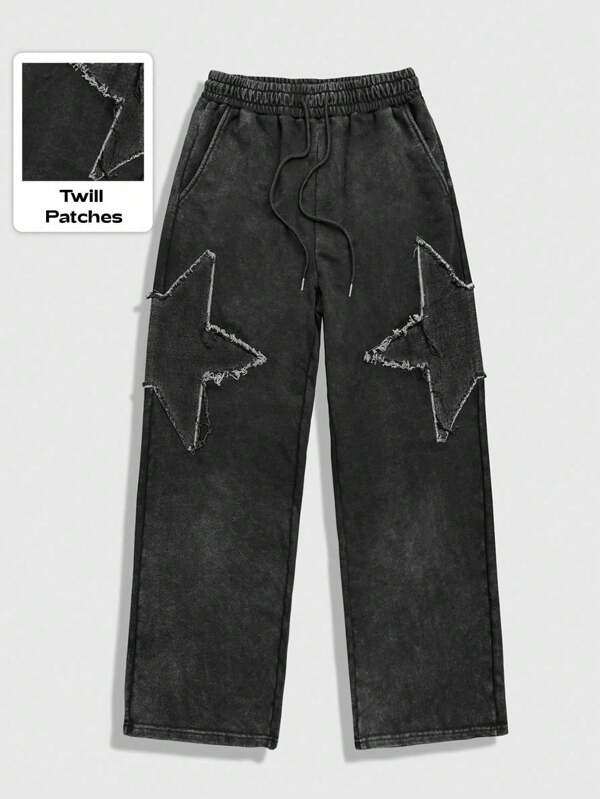ROMWE MEN Street Life Pantalones jogger holgados con cordón en la cintura y estampado de estrella de cinco puntas para hombre, para rave