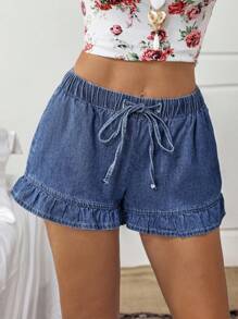 EMERY ROSE Women's Waist Tie Ruffle Hem Loose Denim Shorts - Dark Wash - View 8