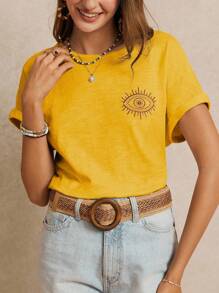 Poéselle 100% Cotton T-Shirt With Symbolic Eye Pattern Embroidery, Essential, Summer, Wedding Season Essential, Cottagecore Embroidery Tee, Short Sleeve T-Shirt, Effortless Chic Casual Style - Yellow - View 5