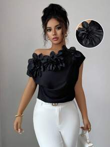 Elenzga بلوزة مزينة بزهور ثلاثية الأبعاد بياقة متكافئة غير متماثلة ، أنيقة وذات لون أحادي ، صيفية