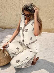 SHEIN Frenchy 2pcs Women Vacation Casual Printed Tank Top & Pants Set Brown Summer Casual Holiday Resort - Khaki - View 6