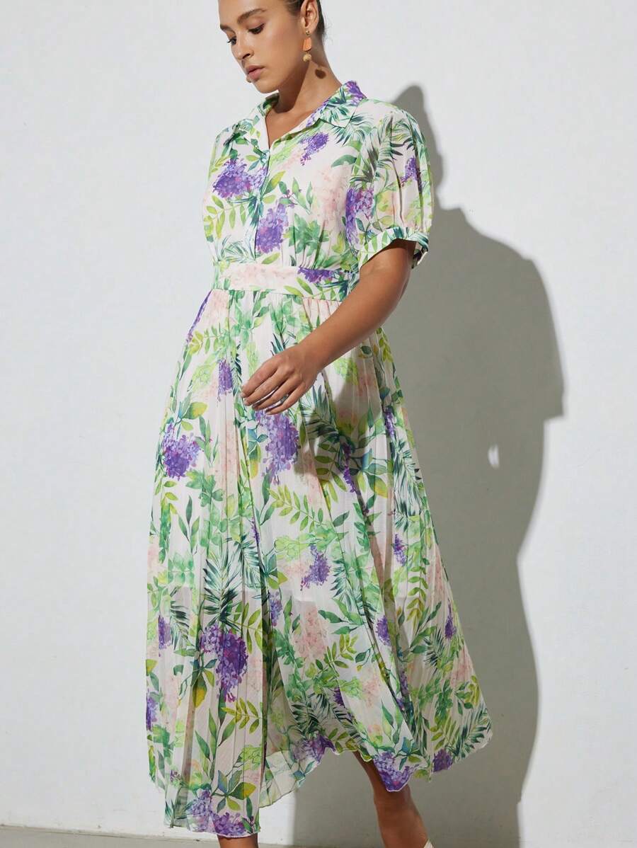 Aveloria Modichic Plus Size New Chiffon Flower Print Puff Sleeve Pleated Ruffle Hem Mini Dress, Fresh Style, Spring/Summer