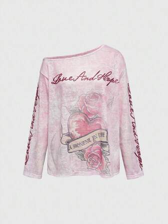 Grunge Punk Y2K Retro Femme Fatale Rose & Heart Faux Tattoo Distressed Print Loose Fit Off Shoulder Long Sleeve T-Shirt For Women