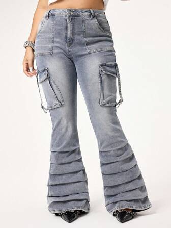 Grunge Punk Jeans ajustados con lavado y desgastado, de talle alto, con bolsillos, de ajuste ceñido y elásticos, para talla grande, con estilo sexy Y2K