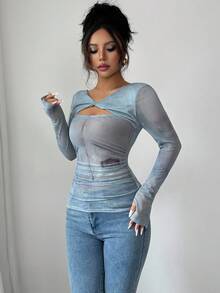Modelyn Women's Blue Digital Print Mesh Twist Front Long Sleeve Top - Dusty Blue - View 7