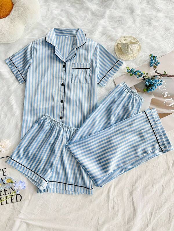 SHEIN Set de pijama de 3 piezas de mujer con camisa de seda a rayas, shorts y pantalones