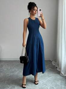 Elenzga 女式夏季休闲无袖长款牛仔连衣裙 - 深色水洗藍 - 查看 6