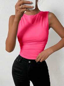 Chiquease Casual Solid Color Ruched Slim Fit Tank Top, Summer - Coral Pink - View 3