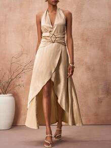 Zivah 2025 年夏季新音乐节和毕业季系列，学生/日常/休闲/度假/海滩/日光浴/街头服饰杏色纹理棉麻挂脖褶皱深 V 领开衩连衣裙，优雅闪亮面料礼服 - 香檳色 - 查看 3