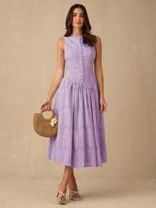 Enchnt 女士时尚浪漫网眼刺绣无袖连衣裙，夏季 - 淡紫色 - 查看 6