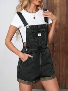 EMERY ROSE Women's Letter Printed Pocket Casual Loose Denim Bib Overall Shorts - Dark Wash - View 5