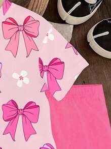 SHEIN Bộ quần short bó dệt kim in hoa và nơ cổ tròn cho bé gái sơ sinh, trang phục đi biển mùa hè - Nhiều màu - Xem 4