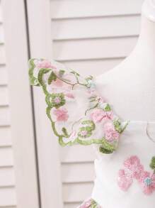 女婴梭织刺绣网眼方领盖袖连衣裙 - 彩色 - 查看 3