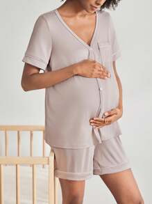 BloomMama 2 Packs Maternity Short Sleeve Nursing Pajama Set With Button ,Lounge Set Fashion Sleepwear - Grey - View 4