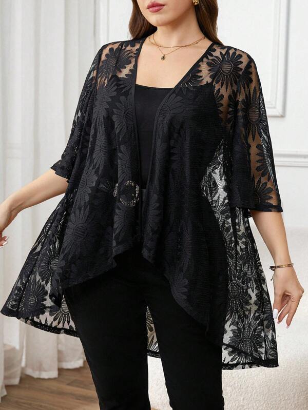 SHEIN Clasi كارديجان كنزة صوفية طويلة لون أسود، دانتيل ، أكمام 3/4 قطع واسعة للنساء متناسب مع الحجم الكبير، زي أنيق للحفلات والسهرات، مناسب لفصل الربيع والصيف