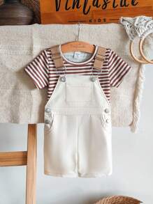 SHEIN Vintaside Kids Baby Boy Summer Round-Neck Short-Sleeved T-Shirt & Overalls - Multicolor - View 9