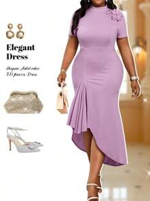 Fleurora Vestidos de talla grande de manga corta con cuello redondo, tejido, contraste de encaje y estilo elegante para oficina y boda, con estampado 3D de rosas, para primavera y verano - Púrpura malva - Ver 1