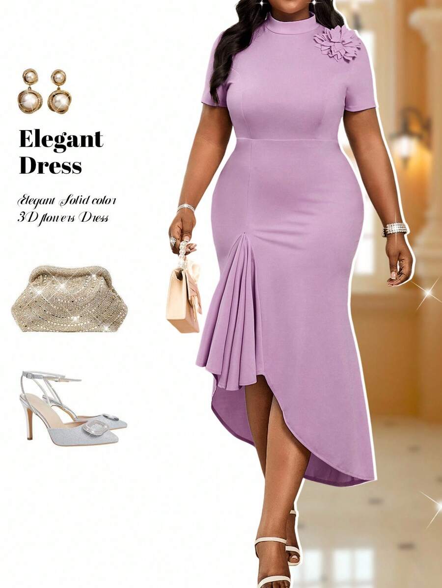 Fleurora Vestidos de talla grande de manga corta con cuello redondo, tejido, contraste de encaje y estilo elegante para oficina y boda, con estampado 3D de rosas, para primavera y verano - Púrpura malva - Ver 1