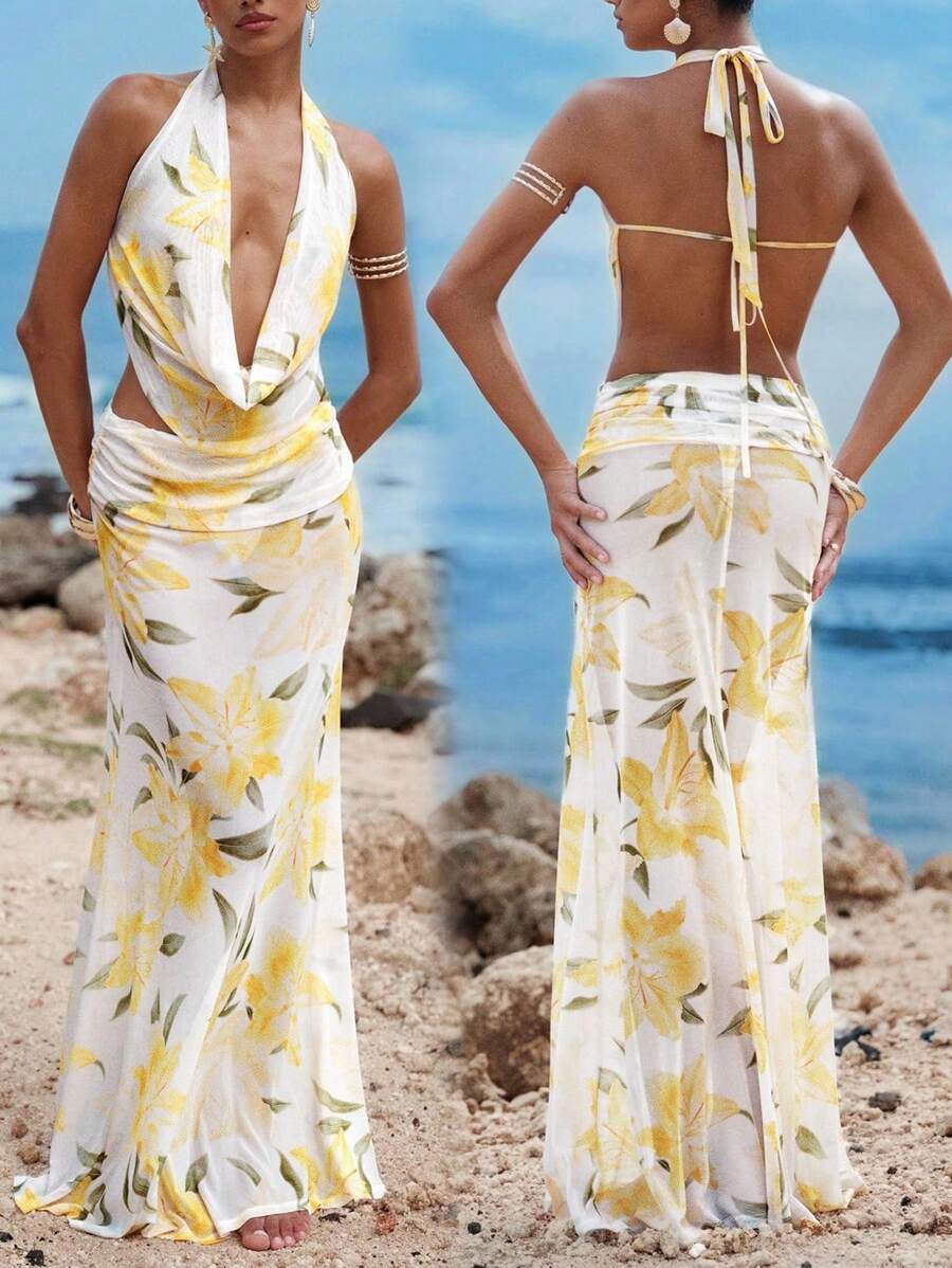 Opulessa Vestido de escote pronunciado y espalda descubierta romántico para vacaciones de mujer, estilo de vacaciones, de punto con estampado floral romántico, conjunto de ropa casual de verano para vacaciones, atuendo bohemio de playa para vacaciones, estilo bohemio chic, atuendos de fiesta y festival, ropa de playa para mujer, atuendos de verano para mujer, conjunto de graduación, artículos esenciales de playa, vestido amarillo mantequilla, atuendos de cumpleaños para mujer, artículos esenciales de playa, conjunto de aeropuerto para mujer, 4 de julio para mujer, conjunto de club, vestido de té, vestido de cumpleaños, vestido de verano, hombros descubiertos - Multicolor - Ver 1