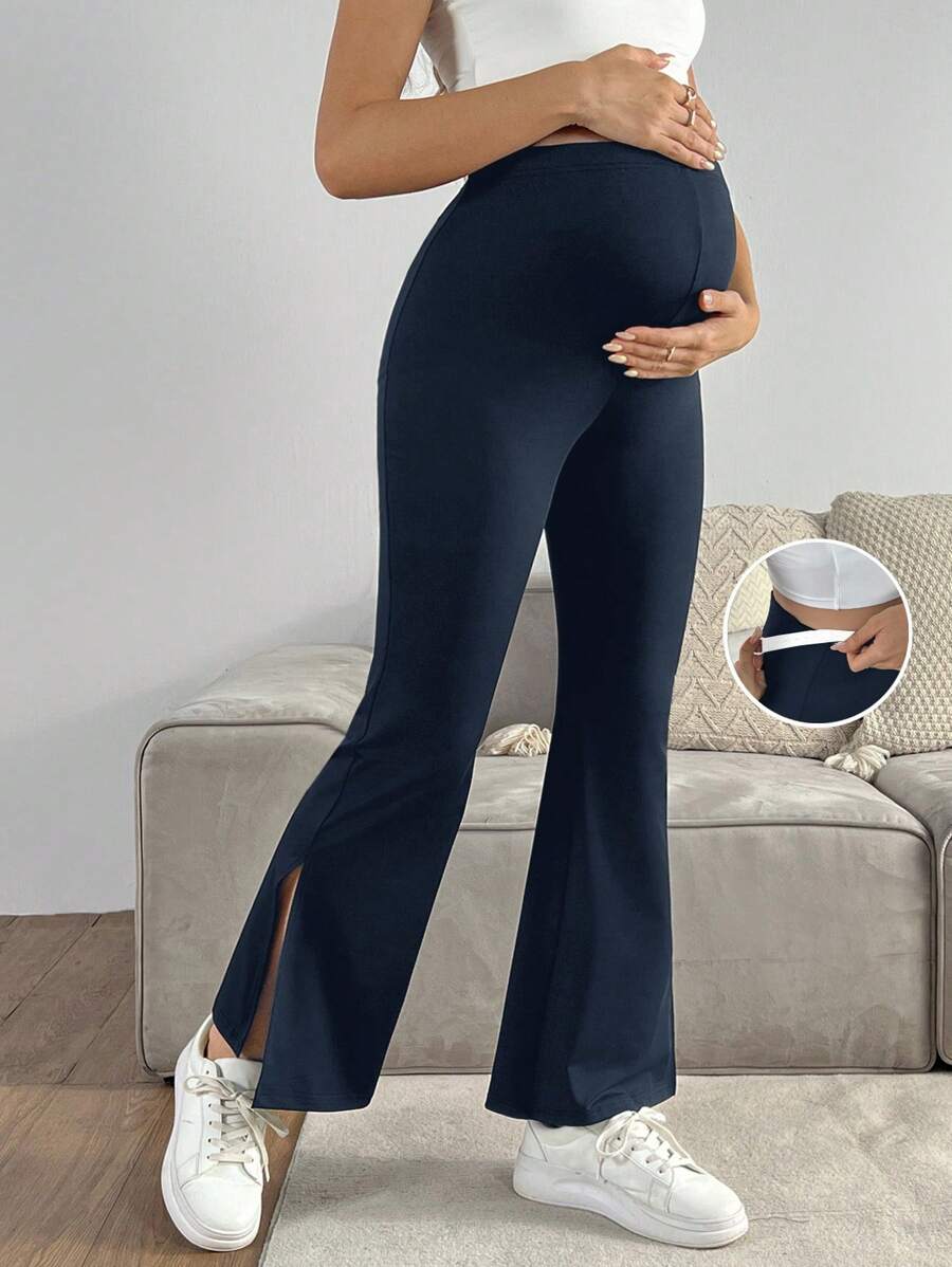 SHEIN 孕妇休闲纯色可调节腰部开衩裤 - 藏蓝色 - 查看 1
