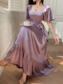 DAZY 女士蕾丝拼接中长连衣裙，荷叶边袖口和系带腰身，优雅夏季女装 - 紫色 - 查看 7