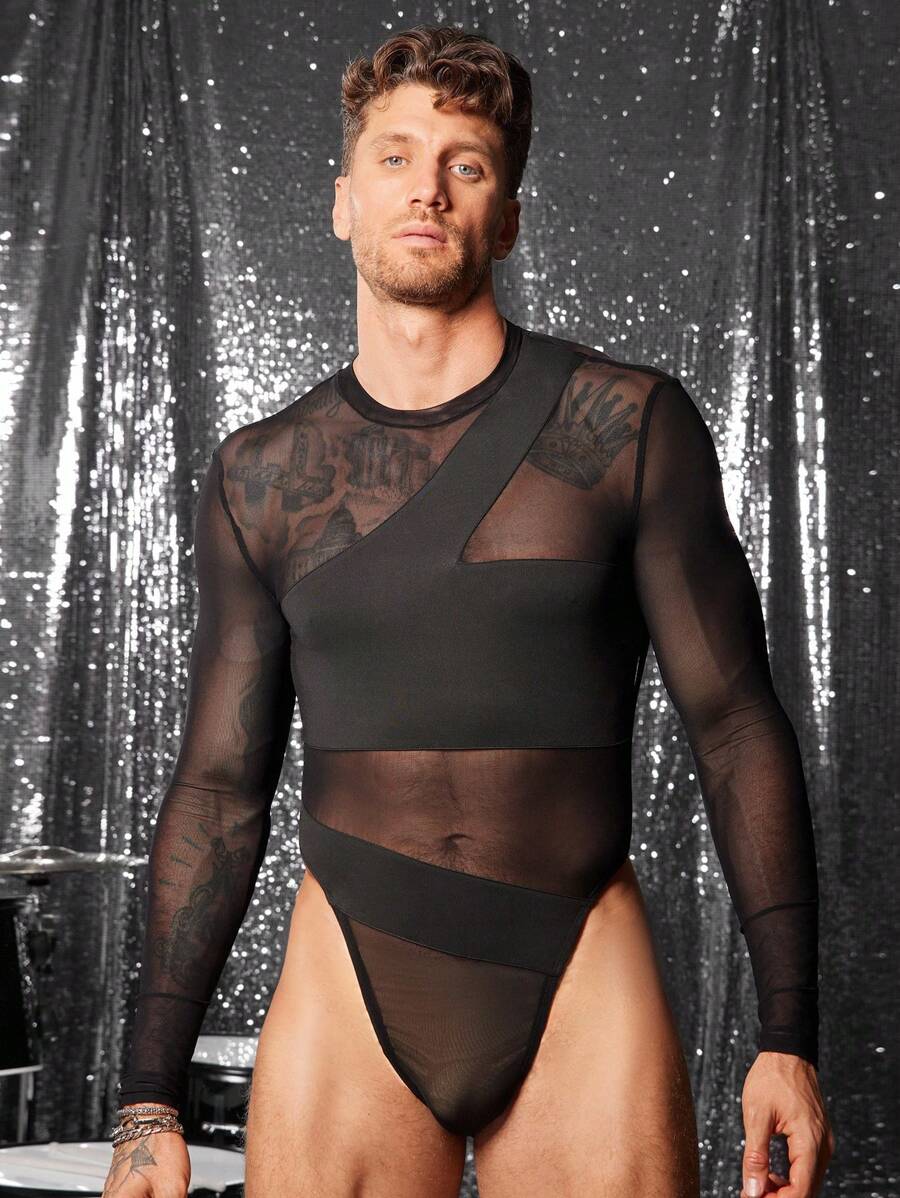 FeverCity Tuta maschile semi-trasparente a maniche lunghe con scollo tondo e pantaloni bibble