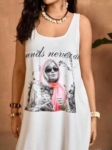 Travachic The White Lotus Váy không tay in chữ và hình cỡ lớn tua rua viền - trắng - Xem 5