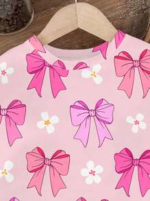 SHEIN Bộ quần short bó dệt kim in hoa và nơ cổ tròn cho bé gái sơ sinh, trang phục đi biển mùa hè - Nhiều màu - Xem 5