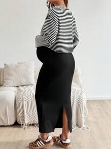 SHEIN 2pcs Set: Raglan Sleeve Striped Blouse And Solid Color Bodycon Maternity Outfit, Suitable For Autumn  Fall Women Clothes - Black and White - View 2