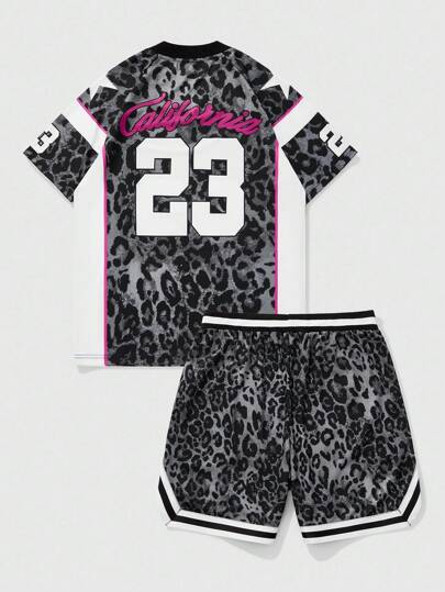 Prep Set de 2 piezas compuesto por camiseta y shorts de baloncesto con estampado de leopardo para hombre