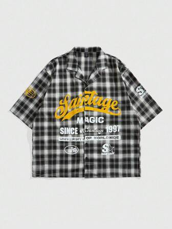Street Life Men's Casual Letter Pattern Plaid Shirt, Suitable For Spring/Summer Daily Wear