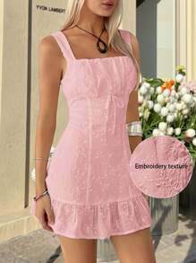 Easelle Elegant Pink Mini Dress With Flounce Hem And Comfortable Sleeveless Design Pink Embroidered Dress - Pink - View 7