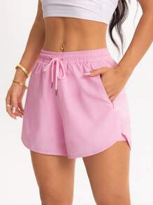 Shorts deportivos de unicolor con cordón en la cintura y bolsillo, shorts de moda de verano para hacer ejercicio - Multicolor - Ver 5