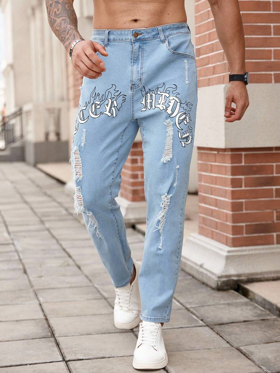 Manfinity Roughcore American Streetwear Style Letter Print Patch Ripped Skinny Fit Luxury Distressed Jeans Men Graphic Jeans - Blue - View 1