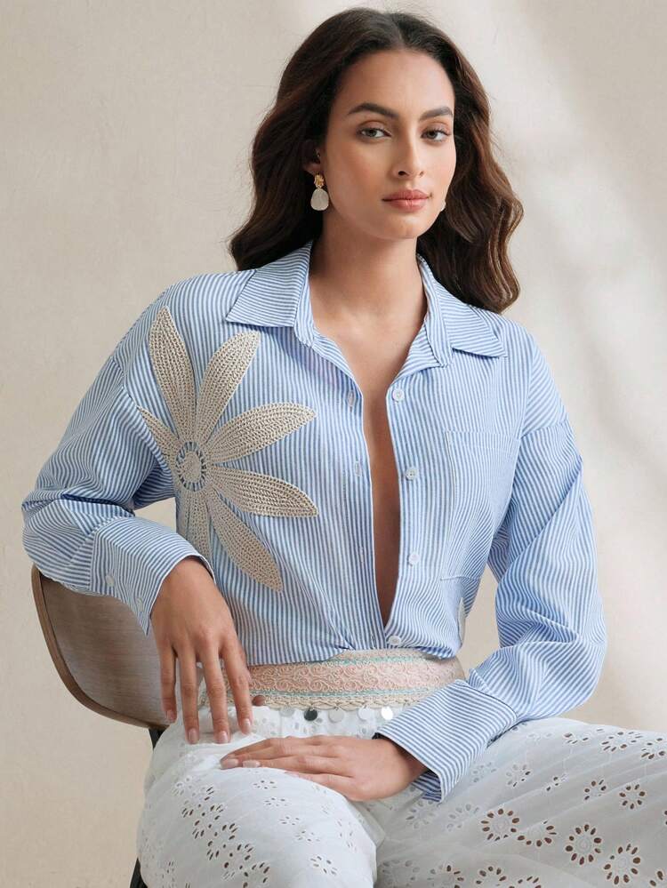 Summer Vacation Beach Floral Print Lapel Loose Blue Striped Lapel Long Sleeve Pocket Shirt For Women